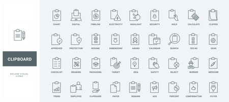 Checklist with check marks, search for digital document, medical notes and survey, paper with gear and target thin black and red outline symbols, vector illustration. Clipboard line icons setのイラスト素材