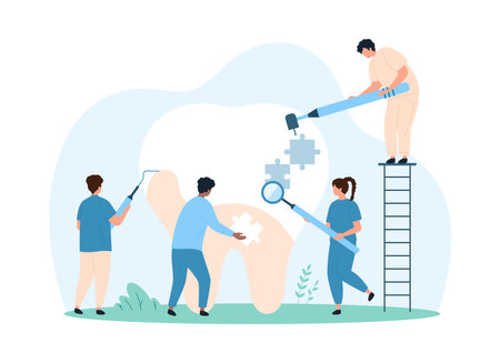 Dental health inspection, professional hygiene in clinic, teeth and mouth checkup. Tiny people work dentist tools in hospital, doctors clean plaque on white tooth enamel cartoon vector illustrationのイラスト素材