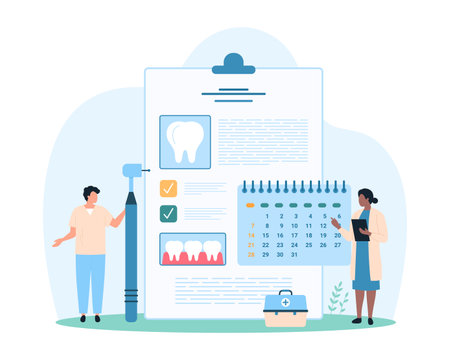 Dental checkup planning for professional oral hygiene and treatment in hospital. Tiny people check date of dentists consultation and teeth examination in calendar cartoon vector illustrationのイラスト素材