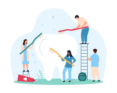 Professional teeth cleaning in stomatology clinic, daily hygiene. Tiny people wash big tooth with toothbrush and toothpaste, clean healthy molar with dental floss and paste cartoon vector illustrationのイラスト素材