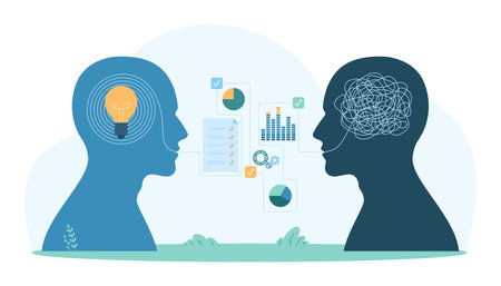 Two silhouetted profiles exchanging ideas and data, symbolizing creative communication and problem-solving. Visual elements include charts, graphs, and conceptual designs vector illustration.のイラスト素材