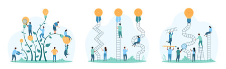 Simplicity in solutions, solving problems set. Tiny people climb stairs to goal hard and easy way,...