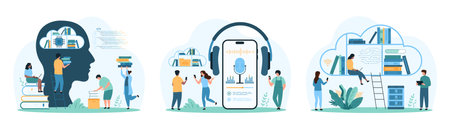 Digital library, AI and data file storage service set. Tiny people record sound with microphone, listen audiobook with headphones, using mobile app to read books online cartoon vector illustrationのイラスト素材