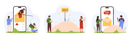 Email spam overload, phishing attack set. Tiny people drowning in letters and mailbox messages with Help sign, scam warning and fishing threat of money theft by criminal cartoon vector illustrationのイラスト素材