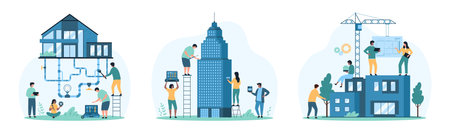 City construction site, building and renovation of house set. Tiny people and construction crane build cottage according to blueprint, repair tower with builders equipment cartoon vector illustrationのイラスト素材