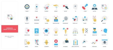 Person identification with ID card, fingerprint and eye scan, face recognition color icon set. Passport, badge with name, photo and information of user, legal document flat vector illustrationのイラスト素材