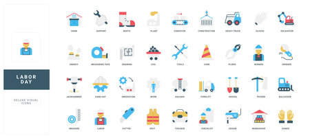 Colorful flat icons representing Labor Day, construction, tools, safety, and industrial work perfect for holiday, business, or educational design projects vector illustrationのイラスト素材