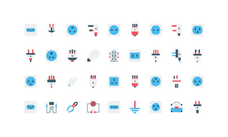 Collection of flat style icons showing various international power socket and plug types, electrical...