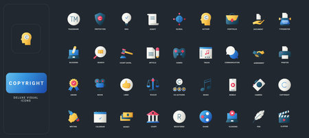 Gradient flat style icons set with copyright, trademark, legal, creative, document, and media concepts on dark UI background vector illustration for intellectual property themes.のイラスト素材