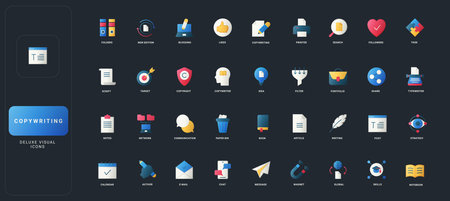 Gradient flat style icons set with copywriting, blogging, communication, writing, publishing, and digital content elements on dark UI background vector illustration.のイラスト素材