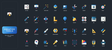 Gradient flat style icons set with creative digital tools, design elements, multimedia, measurement, and artistic equipment on dark UI background vector illustration.のイラスト素材