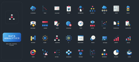 Gradient flat style icons set with data analytics, big data, AI, blockchain, cloud, charts, and network concepts on dark UI background vector illustration.のイラスト素材