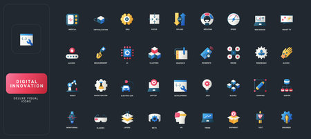 Gradient flat style icons set with medical, AI, robotics, web, renewable, VR, clusters, measurement, shipment, and engineering concepts on dark UI background vector illustration.のイラスト素材