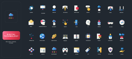 Gradient flat style icons set with digital technology, smart devices, cloud computing, AI, security, and online communication on dark UI background vector illustration.のイラスト素材