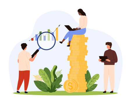 People collaborating with laptops and magnifier, examining bar chart and stacked coins, representing teamwork, investment, and financial achievement in business isolated vector illustrationのイラスト素材