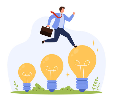 Man in suit leaps over large light bulbs symbolizing idea growth, career development, innovation, and progress in business with flat style isolated vector illustrationのイラスト素材