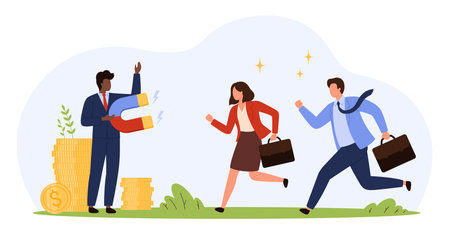 Businessman with magnet attracting professionals, symbolizing employee recruitment, talent acquisition, workplace benefits, career growth, and financial incentives isolated vector illustrationのイラスト素材