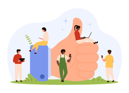 Group of diverse tiny people using digital devices around a giant thumbs up symbol representing online approval, teamwork, and positive feedback isolated vector illustrationのイラスト素材