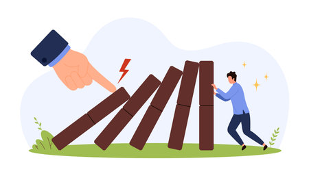 Businessman preventing falling dominoes with large hand triggering chain reaction, symbolizing proactive crisis response, risk management, and problem solving isolated vector illustrationのイラスト素材