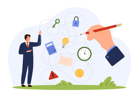 Businessman standing as large hand draws winding path connecting icons for key, lock, calculator, lightbulb, envelope, clock, warning, and coin isolated vector illustrationのイラスト素材