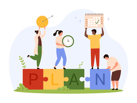 People collaborating on colorful puzzle blocks with icons for target, time, and calendar, representing teamwork, organization, and project planning isolated vector illustrationのイラスト素材