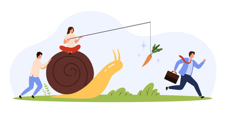 Business people using motivation strategy with carrot on stick, snail symbolizing slow progress, teamwork, leadership, and goal pursuit in flat style isolated vector illustrationのイラスト素材