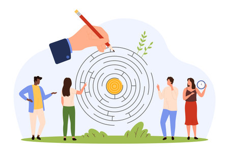 Group of people facing a circular maze with a giant hand drawing solution, symbolizing teamwork, problem solving, decision making, and time management isolated vector illustrationのイラスト素材