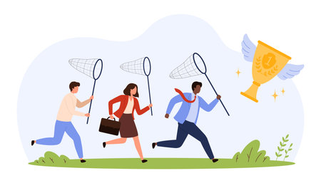 Three business people run with nets trying to catch a flying golden trophy with wings, symbolizing competition, ambition, and pursuit of success isolated vector illustrationのイラスト素材