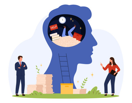 Business people overwhelmed by paperwork, deadlines, and stress inside a human head silhouette, symbolizing workplace burnout, exhaustion, and mental overload isolated vector illustrationのイラスト素材