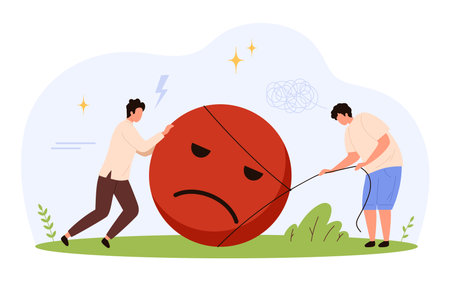 Two people push and pull a large red sad face symbolizing emotional burden, stress, and mental health challenges in a flat style isolated vector illustrationのイラスト素材