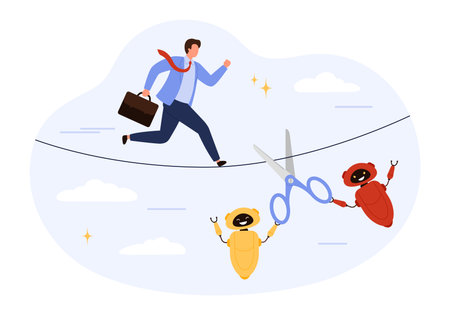 Businessman running on tightrope as robots cut the line symbolizing artificial intelligence impact on employment, automation risks, and workforce displacement isolated vector illustrationのイラスト素材