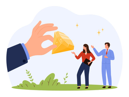 Giant hand presenting a sparkling diamond to two business professionals, symbolizing recognition, achievement, and success in a modern flat style isolated vector illustrationのイラスト素材
