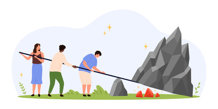 Three people cooperate using a long rod as a lever to move a large mountain symbolizing teamwork, problem solving, and collective effort in a flat style isolated vector illustrationのイラスト素材