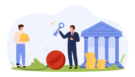 Man holding coin and chained to debt ball, businessman with key near bank building and gold coins, concept of financial freedom and repayment isolated vector illustrationのイラスト素材