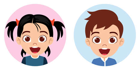 Happy beautiful cute kid boy and girl character avatar set wearing beautiful outfit with cheerful expression isolatedのイラスト素材