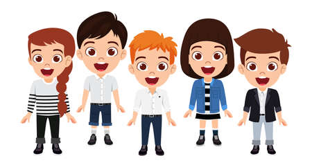 Happy beautiful cute kid boy and girl characters set wearing beautiful outfit with cheerful facial...