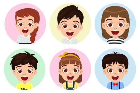 Happy cute kid character avatar set wearing beautiful outfit with cheerful expression isolatedのイラスト素材