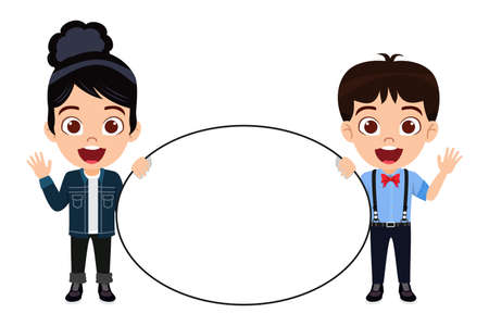 Cute kid boy girl characters wearing beautiful outfit and standing holding different shape blank placard board with cheerful expressionのイラスト素材