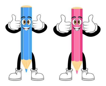 Cute beautiful mascot pencil characters standing together and pointing waving posingのイラスト素材