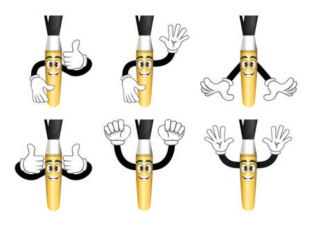 Cute beautiful mascot paint brush character set doing different actions with cheerful expressionのイラスト素材
