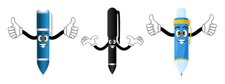 Cute beautiful mascot pen characters set standing together and posing waving isolated on beautiful backgroundのイラスト素材
