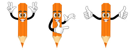 Beautiful mascot pencil characters standing and waving doing different actions with cheerful expression isolatedのイラスト素材