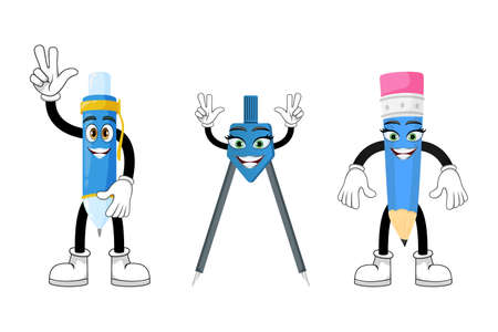 Beautiful mascot pen pencil geometric compass characters set standing and posing wavingのイラスト素材
