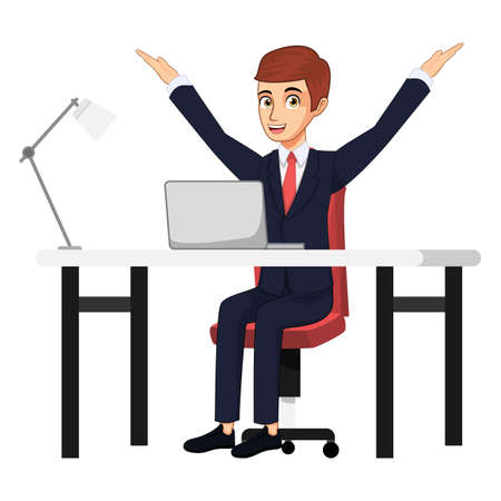 Businessman character wearing beautiful business outfit siting on home office desk with table chair laptopのイラスト素材
