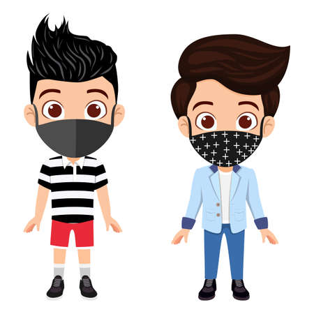 Cute kid boy characters wearing beautiful outfit and fabric facial mask standing together and posing isolatedのイラスト素材