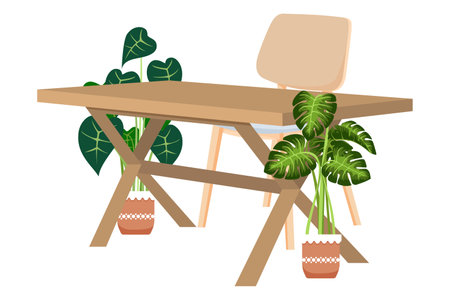 Workspace design with wooden table chair isolated on white background and with houseplantのイラスト素材