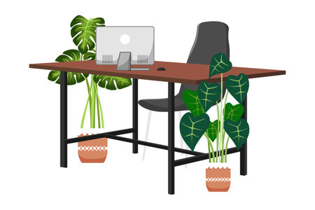 Workspace design with armchair table desktop and with file folder paper lamp and houseplant isolated on white backgroundのイラスト素材