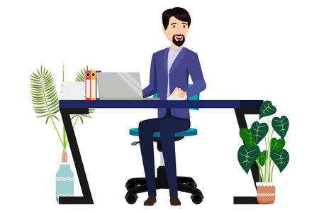 Freelancer working on home office workspace with chair table desktop laptop and with file folder paper lamp and houseplant isolatedのイラスト素材