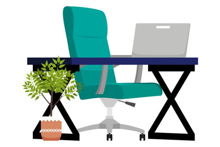 Workspace design with table armchair isolated on white background and with houseplantのイラスト素材