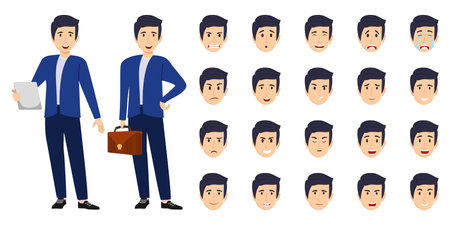 Creative businessman character set with different facial expressions and holding bagのイラスト素材